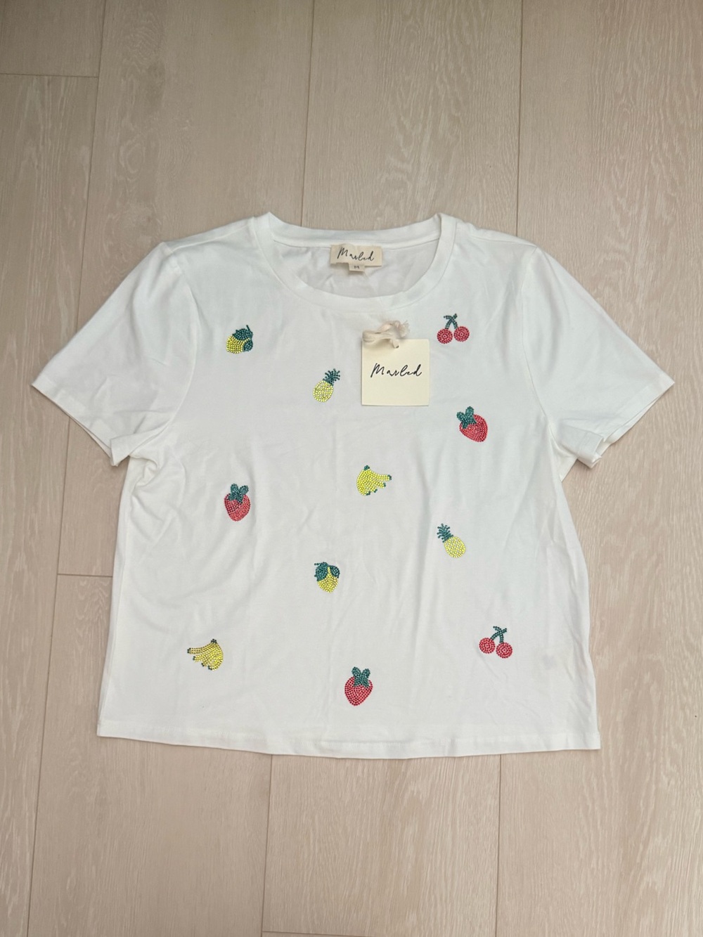 Marled White Tee with Colorful Fruit Embroidery